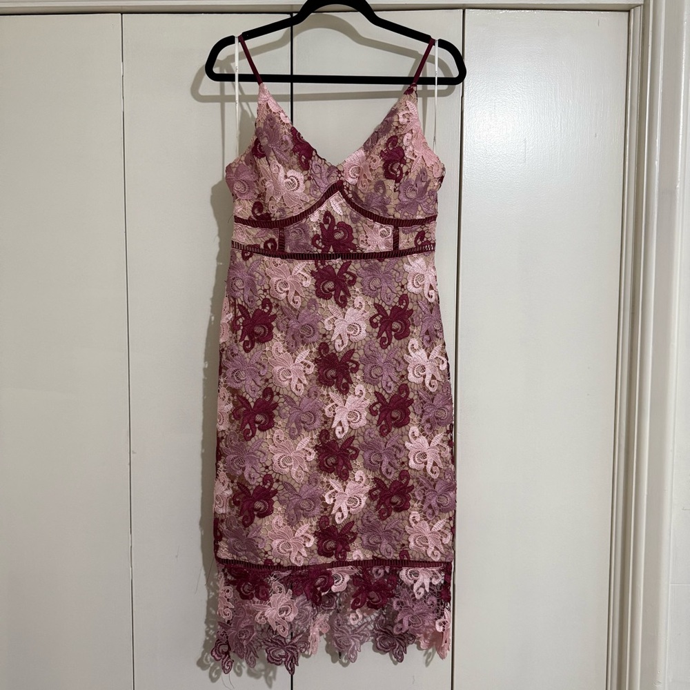 Lulu’s Lace Embroidered Slip Dress in Pink and Burgundy